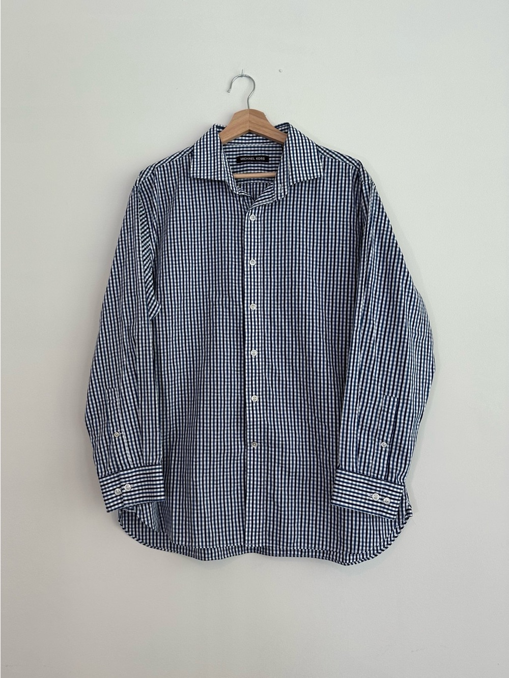 Michael Kors Men’s button-down in classic navy and white check pattern.